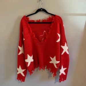 Red Fringed Star Sweater